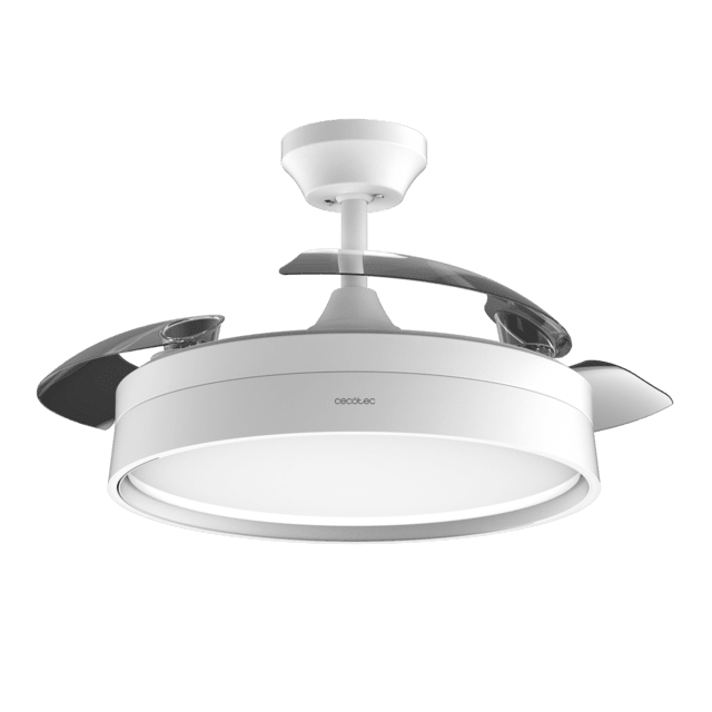 Energysilence Aero 4200 invisible white Ventilateur de plafond à 3 pales rétractables avec moteur DC de 30 W, lampe LED, minuterie jusqu'à 8 heures, fonction Hiver-Été, 6 vitesses, télécommande.