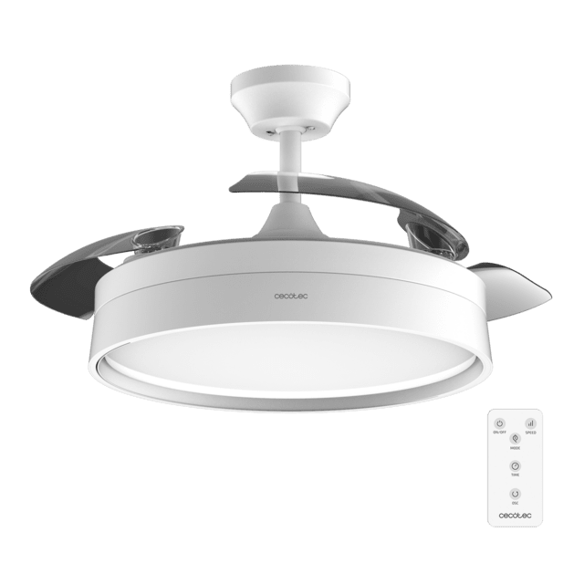 Energysilence Aero 4200 invisible white Ventilateur de plafond à 3 pales rétractables avec moteur DC de 30 W, lampe LED, minuterie jusqu'à 8 heures, fonction Hiver-Été, 6 vitesses, télécommande.