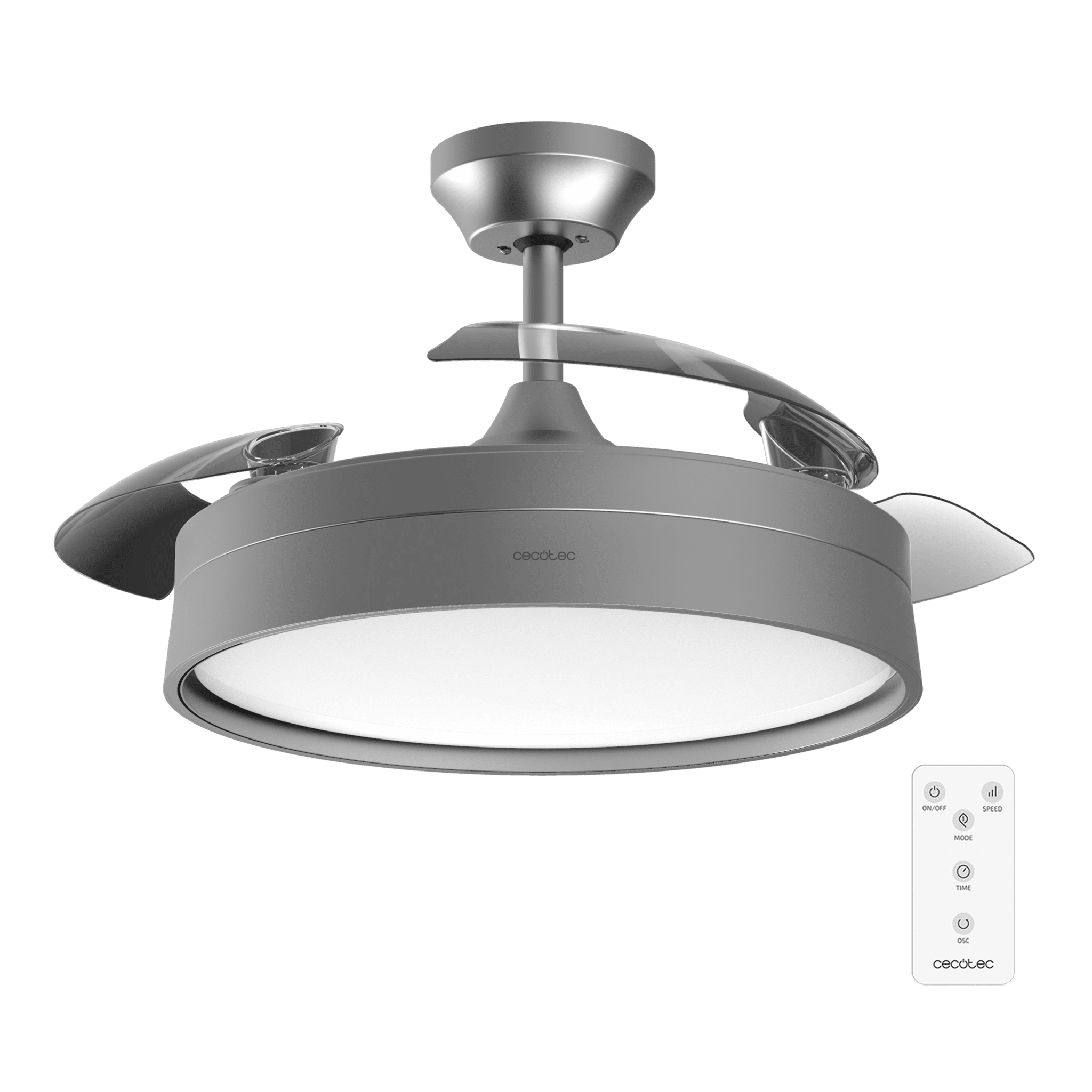 Energysilence Aero 4200 invisible steel Ventilador de techo con 3 aspas retráctiles, con motor DC de 35 W,  iluminación LED, temporizador hasta 8 horas, función winter-summer, 6 velocidades, mando a distancia.