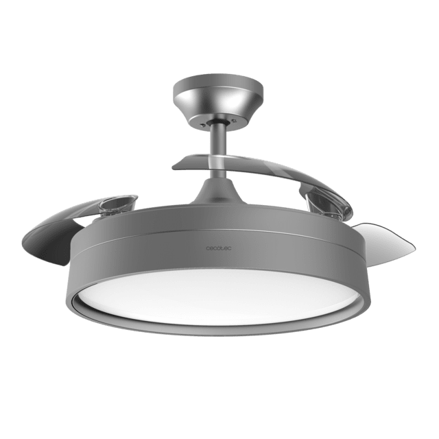 Energysilence Aero 4200 invisible steel Ventilateur de plafond à 3 pales rétractables avec moteur DC de 30 W, lampe LED, minuterie jusqu'à 8 heures, fonction Hiver-Été, 6 vitesses, télécommande.