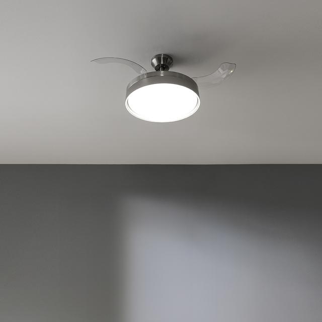 Energysilence Aero 4200 invisible steel Ventilateur de plafond à 3 pales rétractables avec moteur DC de 30 W, lampe LED, minuterie jusqu'à 8 heures, fonction Hiver-Été, 6 vitesses, télécommande.