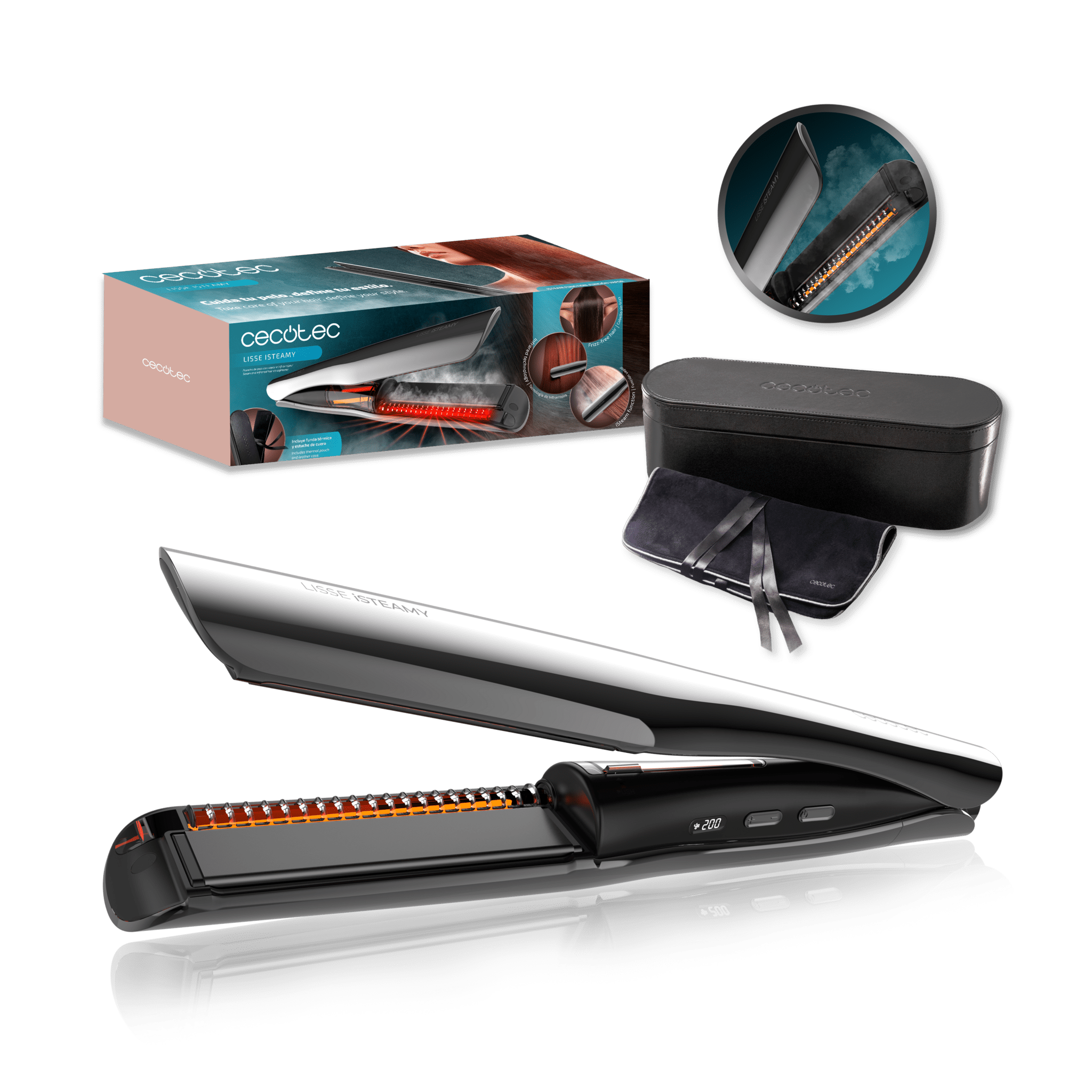 Lisse iSteamy Plancha de Pelo con Vapor e Infrarrojos, Alisado Perfecto sin Daños, Hidratación Profunda y Acabado Brillante, Riza y Alisa, Temperatura Regulable, Diseño Premium + Estuche de Lujo