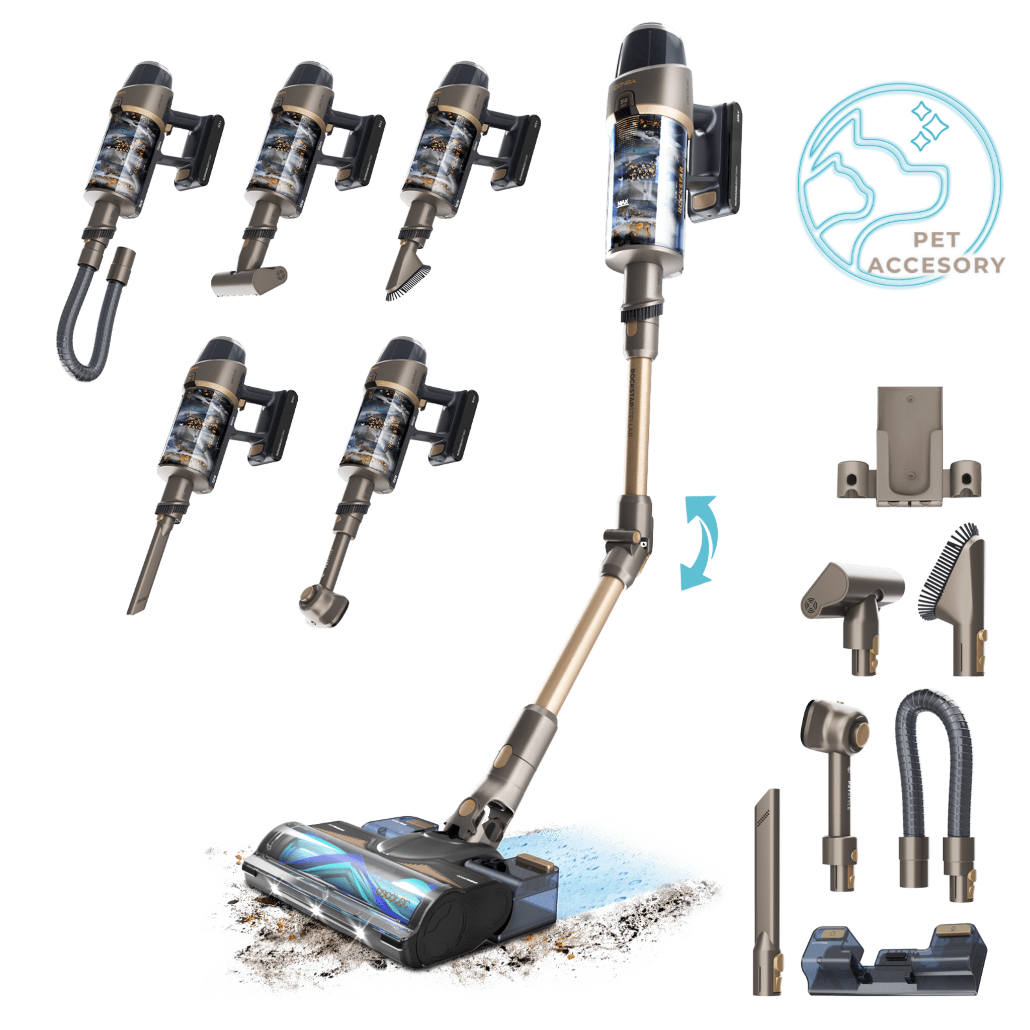 Aspirateur-balai Conga Rockstar 12500 Stellar AquaPet Flex. Puissance d'aspiration maximale de 310 aW et ultra-puissance de 700 W. Autonomie de 100 minutes. Brosse anti-nœuds HairLess. Tube flexible et kit complet d'accessoires.