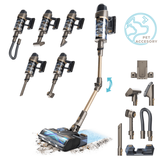 Conga Rockstar 12500 Stellar AquaPet Flex Aspirador vertical Potência máxima de aspiração de 300 AW e ultra potência de 850 W. Autonomia de 100 minutos. Escova HairLess anti-emaranhado. Tubo flexível e kit completo de acessórios.