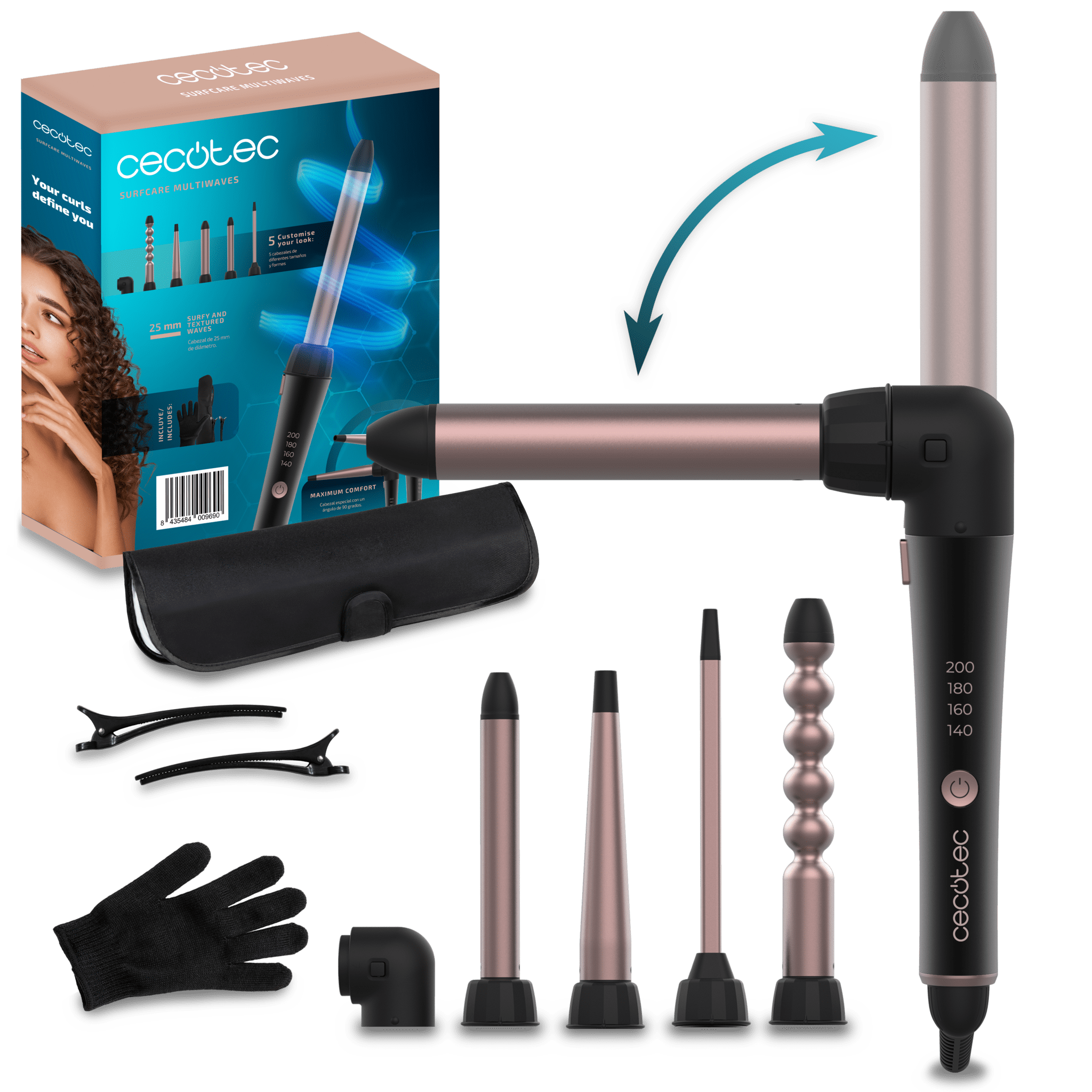 Rizador Cecotec SurfCare MultiWaves 00969 con 5 cabezales, guante, estuche y clips