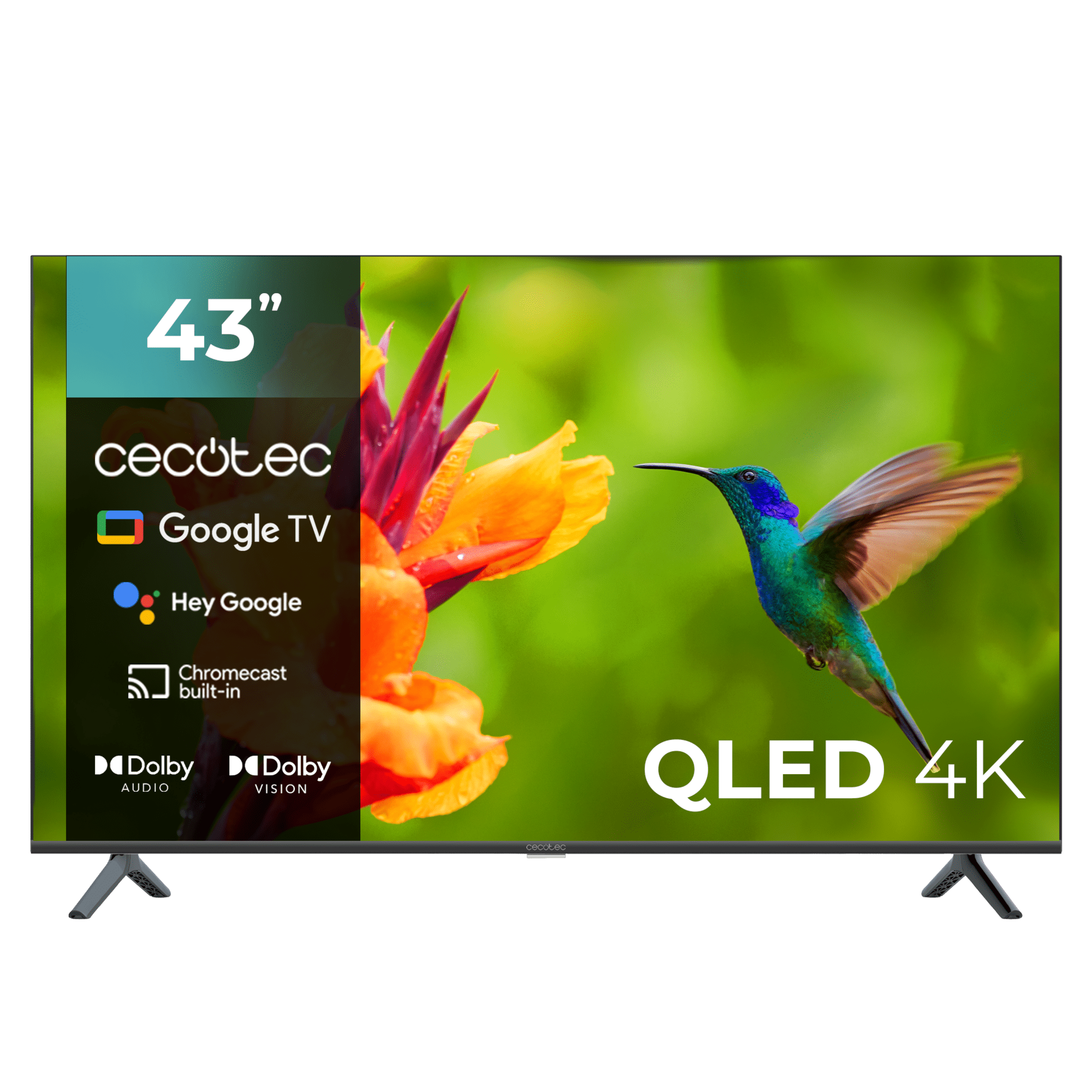 V4 series VQU40043 Televisión QLED de 43" con resolución 4K UHD, sistema operativo Google TV, Dolby Vision&Atmos, Wide Color Gammut, VRR, HDMI 2.1, USB 3.0, HDR10, 16 Gb ROM, Google Voice Assitant y Chromecast.