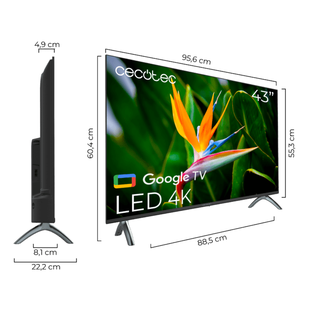 A4 series ALU40043S 43“ LED-Fernseher mit 4K UHD-Auflösung, Google TV-Betriebssystem, Dolby Audio, HDMI 2.1, USB 3.0, HDR10, 16 Gb ROM, Google Voice Assitant und Chromecast.
