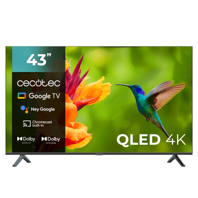 V4 series VQU40043S TV QLED de 43" com resolução 4K UHD, sistema operativo Google TV, Dolby Vision&Atmos, Wide Color Gammut, VRR, HDMI 2.1, USB 3.0, HDR10, 16 Gb ROM, Google Voice Assitant e Chromecast.