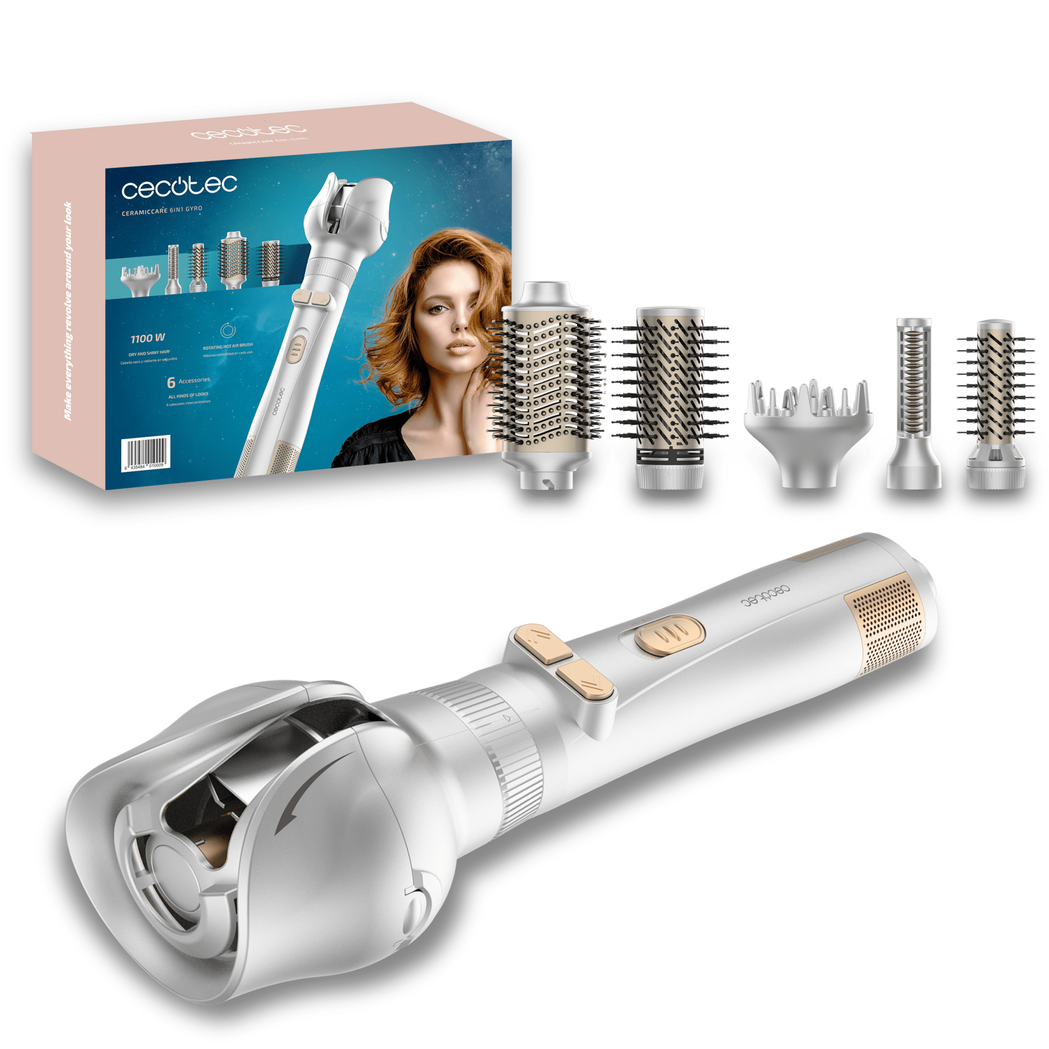 CeramicCare 6in1 Gyro 1100W Airbrush mit Rotationsfunktion und 6 Köpfen: Bürsten, Kamm, Diffusor und ein automatischer Lockenstab.