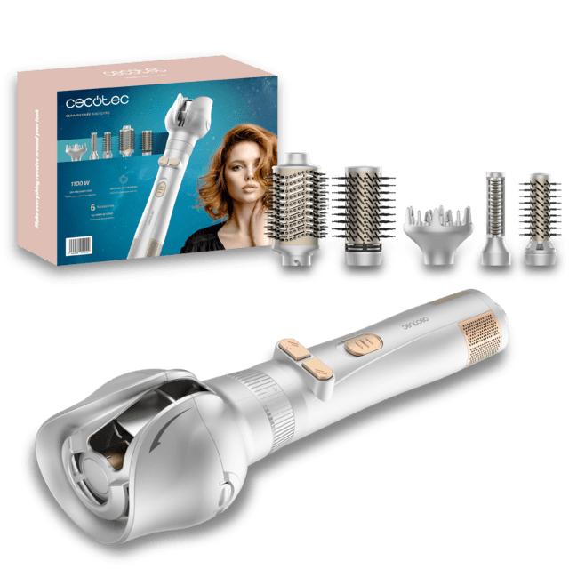 Aerografo CeramicCare 6in1 Gyro da 1100 W con funzione rotante che include 6 testine: spazzole, pettine, diffusore e arricciacapelli automatico.