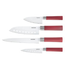Set de 4 couteaux professionnels style asiatique Sanyoku. Utilisation domestique, revêtement en céramique et design avec manche rouge