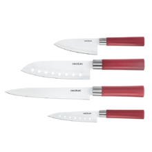 Juego de 4 Cuchillos Profesionales de Estilo japonés Sanyoku. Filo de grosor de 2mm, Cuchillo de trinchar, Cuchillo Chef, Cuchillo multiusos, Cuchillo picador, Presentación en Estuche (Rojo).