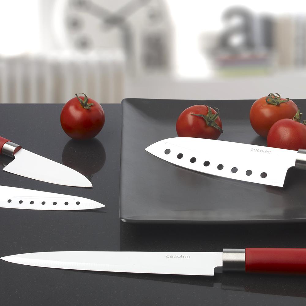 Set von 4 Sanyoku Japanese Style Professional Messern. Für den Haushalt, Keramikbeschichtung, roter Griff