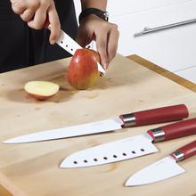 Juego de 4 Cuchillos Profesionales de Estilo japonés Sanyoku. Filo de grosor de 2mm, Cuchillo de trinchar, Cuchillo Chef, Cuchillo multiusos, Cuchillo picador, Presentación en Estuche (Rojo)