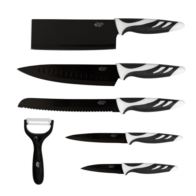 Set di 6 coltelli da cucina di alta gamma. Coltelli professionali stile svizzero. Colore bianco o nero. Swiss Chef (Nero)