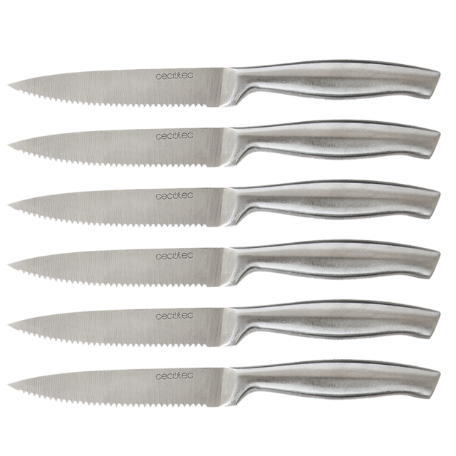Set de 6 couteaux professionnels dentelés à viande.  Manche et lame forgés en une seule pièce d’acier inoxydable. Couteaux professionnels à viande