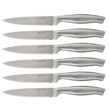 Set de 6 couteaux professionnels dentelés à viande.  Manche et lame forgés en une seule pièce d’acier inoxydable. Couteaux professionnels à viande