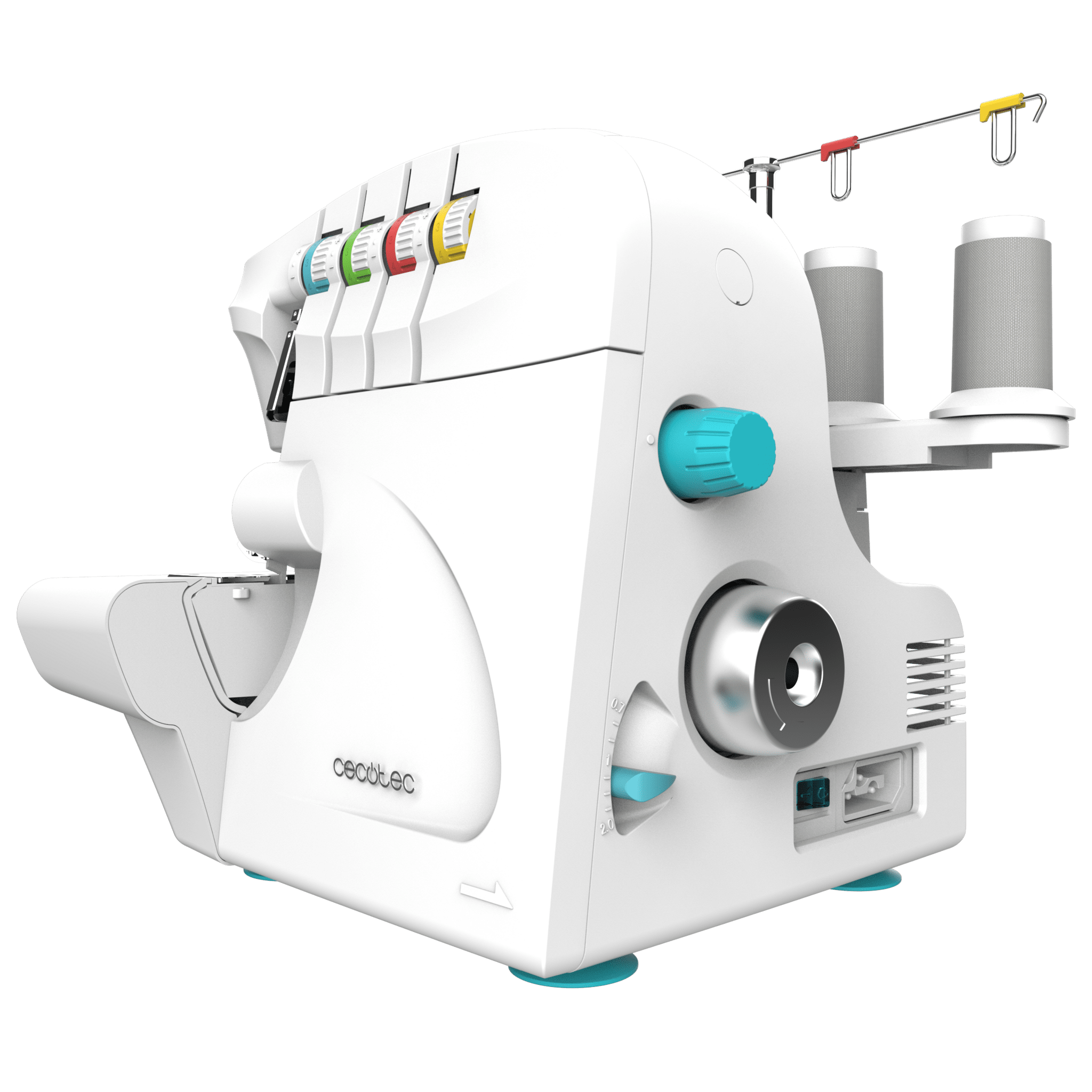Cecotec BelleCouture OverLock remalladora vista lateral con portahilos y controles