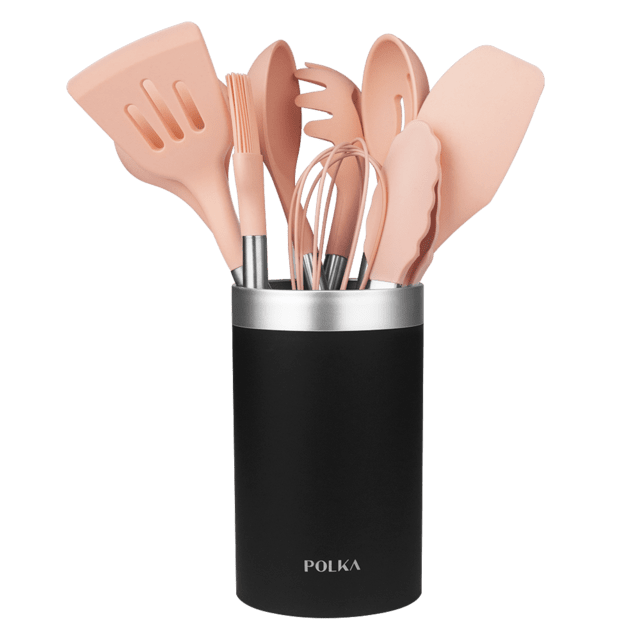 Polka Experience Gravity. Conjunto de 9 utensílios de cozinha, Cor de rosa claro, com revestimento soft touch e pega em aço. Materiais: Silicone, Nylon e PP. Inclui Holder Polka