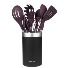 Polka Experience Set Titan. Utensilios de Cocina de Silicona de 9 piezas Morado, Recubierto Soft touch y Mango de Acero. Materiales: Silicona, Nylon y PP, Incluye Holder Polka