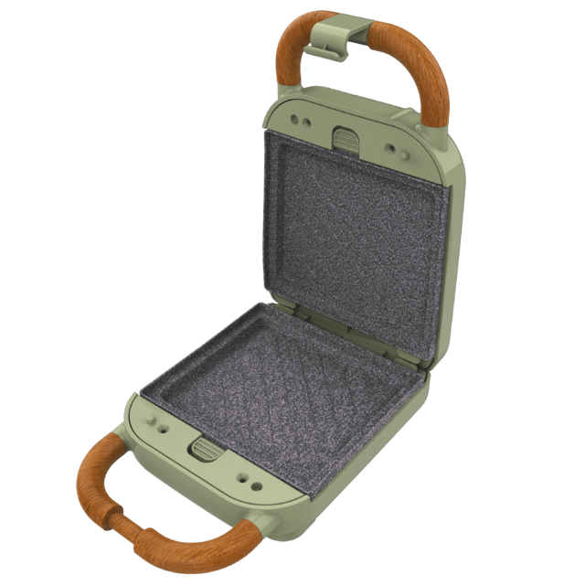 Sanduicheira Rock'nToast Retro One Green de estilo retrô com capacidade para um sanduíche e 3 pares de pratos removíveis.