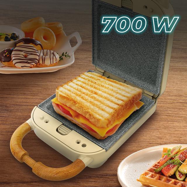 Rock'nToast Retro One Yellow Sandwichera con estilo retro con capacidad para un sandwich y 3 pares de placas desmontables.