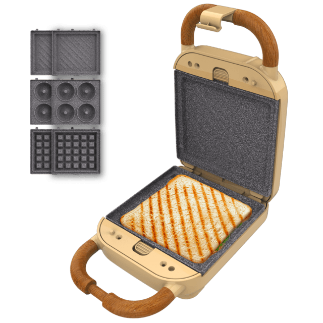 Rock'nToast Retro One Yellow Sandwichera con estilo retro con capacidad para un sandwich y 3 pares de placas desmontables.