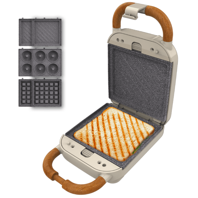 Rock'nToast Retro One Beige Tostiera dallo stile retrò con capacità per un sandwich e 3 paia di piastre rimovibili.