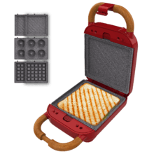 Machine à sandwich Rock'nToast Retro One Red au style rétro avec une capacité pour un sandwich et 3 paires de plaques amovibles.