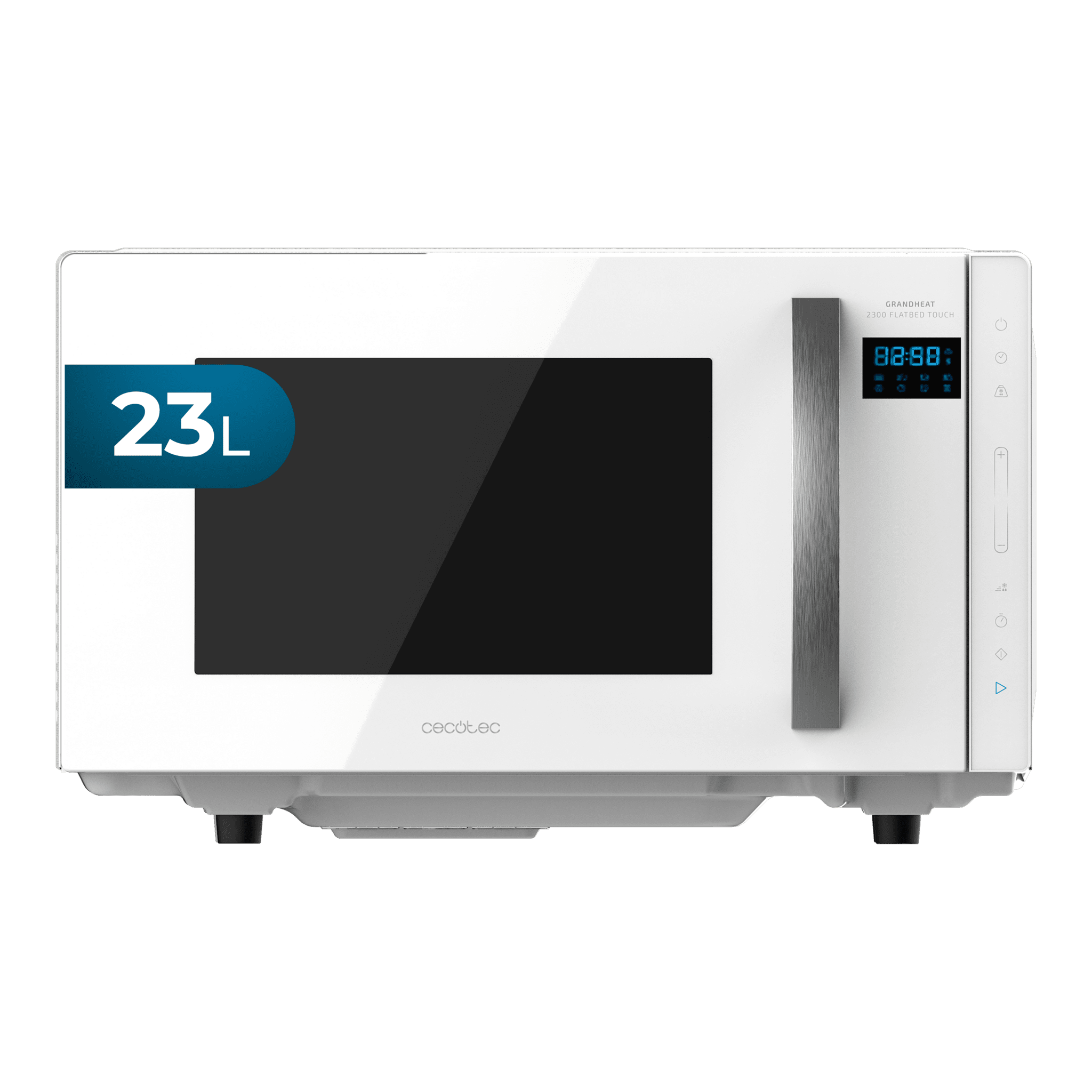 Micro-ondes sans plateau GrandHeat 2300 Flatbed Touch White. 23 litres de capacité, 8 fonctions préconfigurées, 800 W de puissance, minuterie jusqu'à 95 min