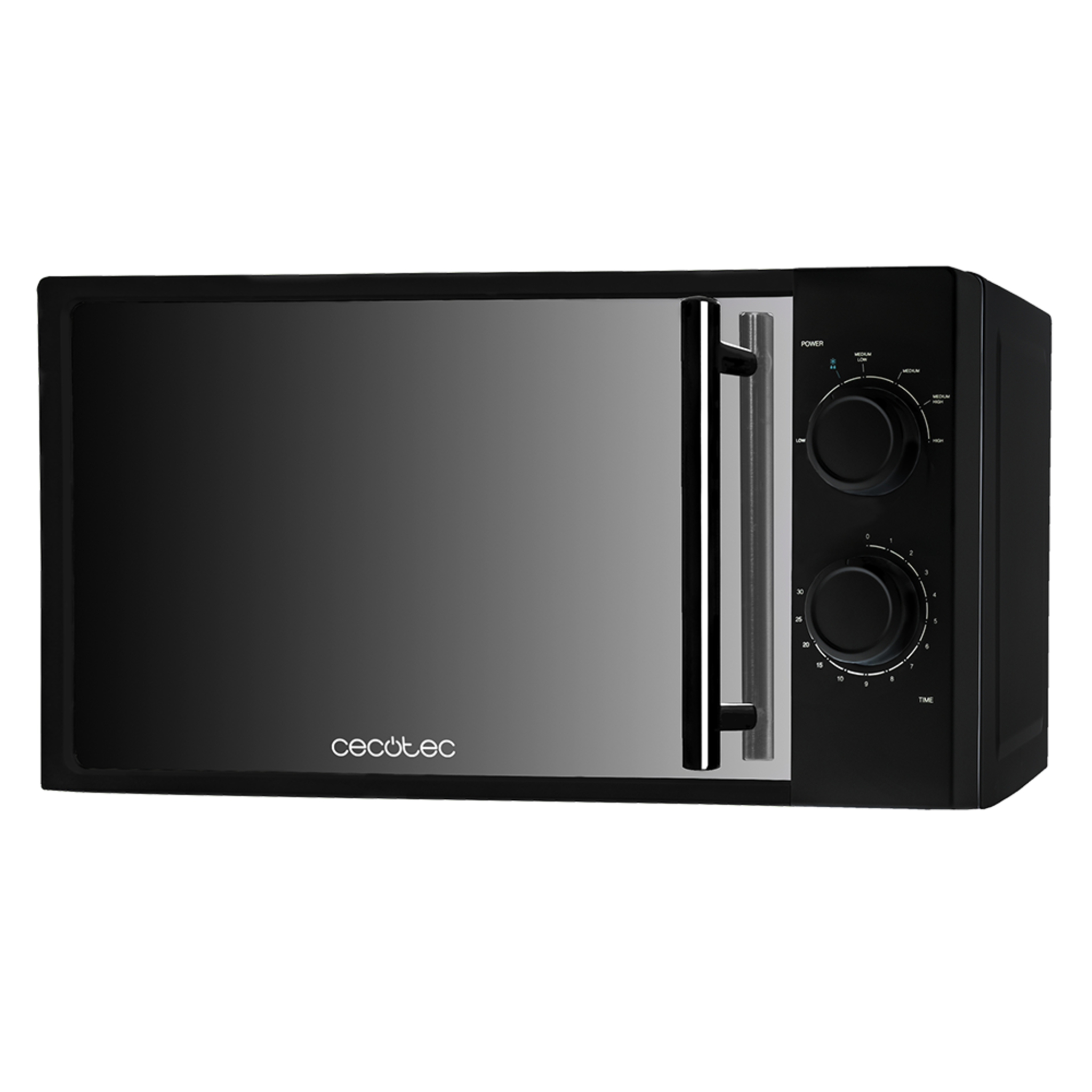 Micro-ondes All Black. 700 W de puissance, 20 L de capacité, 6 niveaux de puissance, minuterie jusqu'à 30 minutes, mode Décongeler et finition miroir