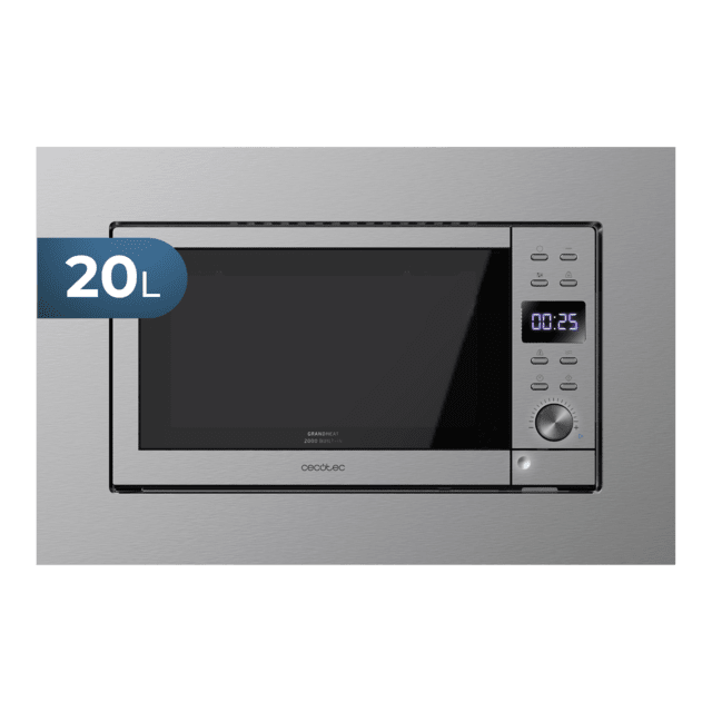 GrandHeat 2000 Built-In Steel. Microondas encastrable Digital de 700W, Integrable, 20l, Grill, 9 funciones preconfiguradas, Quick Start, Diseño Elegante