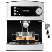 Power Espresso 20. Máquina de café Express manual de 850W, Pressão 20 Bares, Depósito de 1,5 L, Braço de saída dupla, Vaporizador, Bandeja aquece-chávenas, Acabamento em aço inoxidável