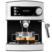 Power Espresso 20. Cafetera Express Manual de 850W, Presión 20 Bares, Depósito de 1,5L, Brazo Doble Salida, Vaporizador, Superficie Calientatazas, Acabados en Acero Inoxidable