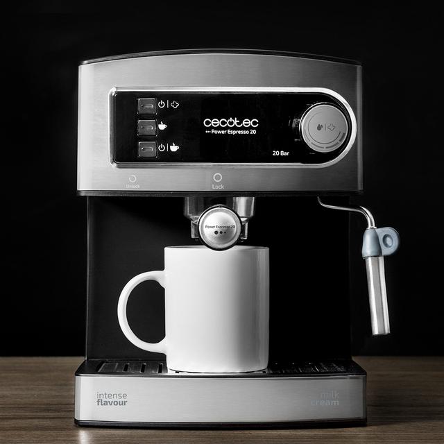 Power Espresso 20. Cafetera Express Manual de 850W, Presión 20 Bares, Depósito de 1,5L, Brazo Doble Salida, Vaporizador, Superficie Calientatazas, Acabados en Acero Inoxidable