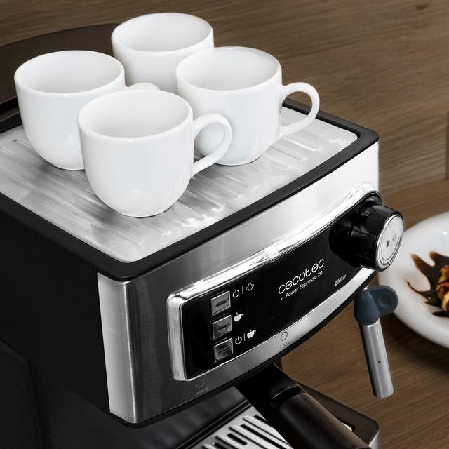 Power Espresso 20. Cafetera Express Manual de 850W, Presión 20 Bares, Depósito de 1,5L, Brazo Doble Salida, Vaporizador, Superficie Calientatazas, Acabados en Acero Inoxidable