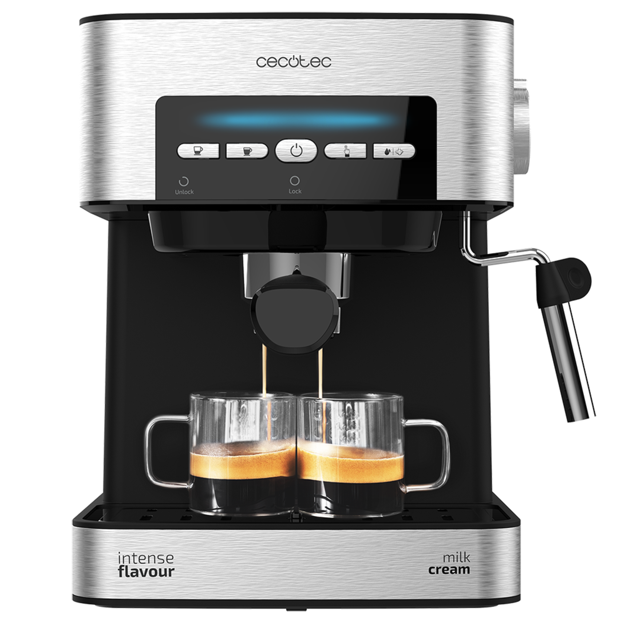 Machine à café Power Espresso 20 Matic avec 20 bars de pression, réservoir d'1,5 L, bras à double sortie, buse vapeur, plateau réchauffe-tasses, commandes numériques, 850 W et finition en acier inoxydable noir/argenté