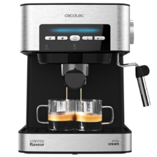 Power Espresso 20 Matic. Cafetera express de 850 W, 20 Bares, 1,5L, Brazo Doble Salida, Vaporizador, Superficie Calientatazas, Mandos Digitales, Acabados en Acero Inoxidable, Negro/Plata