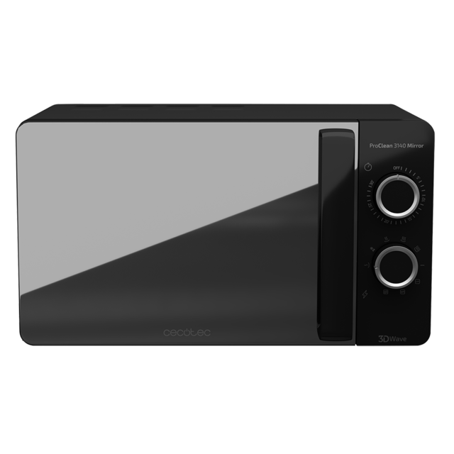 Micro-ondes noir ProClean 3140 Mirror. 700 W avec 6 niveaux, gril de 800 W, capacité de 20 L, revêtement Ready2Clean pour un meilleur nettoyage, technologie 3DWave, design effet miroir et détails métalliques.