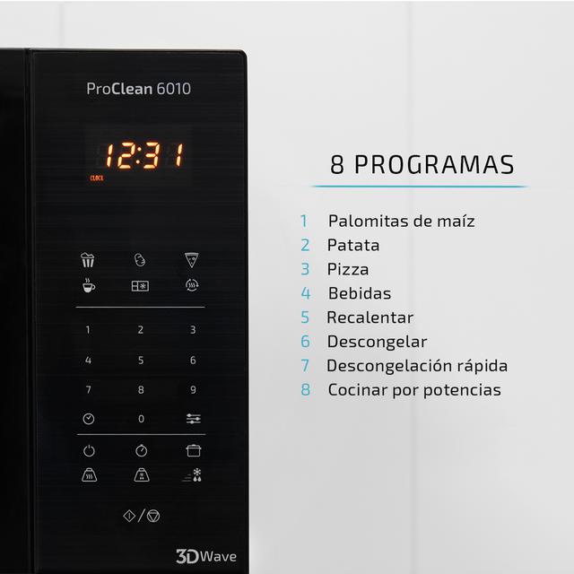 ProClean 6010. Micro-ondas preto de 800 W, 23 litros de capacidade, revestimento Ready2Clean para melhor limpeza, Painel de controlo e tecnologia 3DWave, Touch control