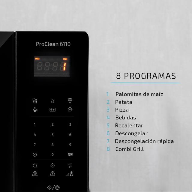 Micro-ondas ProClean 6110. 800 W e Grill 1000 W, 23L de capacidade, Revestimento Ready2Clean para uma melhor limpeza, tecnologia 3DWave, desenho com acabamento em aço inoxidável