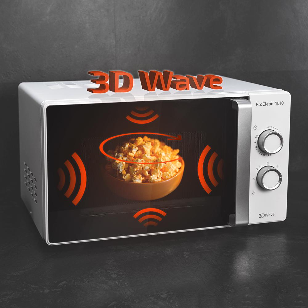 Micro-ondes ProClean 4010. Avec 700 W de puissance, 23 L de capacité, revêtement Ready2Clean, 6 niveaux de fonctionnement, minuterie jusqu'à 30 minutes, technologie 3DWave et porte Full Crystal