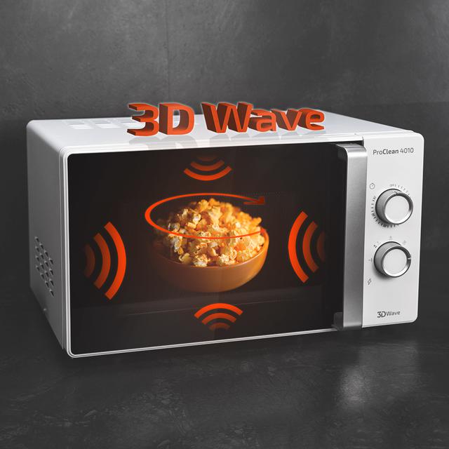 ProClean 4010. Micro-ondas de 700 W de potência, 23 L de capacidade, Revestimento Ready2Clean, 6 níveis de funcionamento, Temporizador de 30 min, Tecnologia 3DWave, Porta Full Crystal