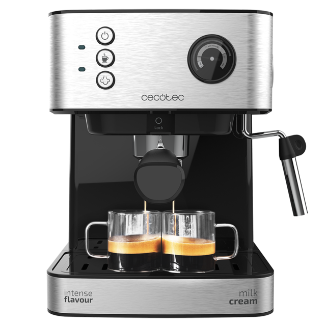 Power Espresso 20 Professionale Macchina da caffè. 20 bar di pressione, manometro, serbatoio di 1,5 L, filtro con doppio erogatore, montalatte, superficie scaldatazze, finiture in acciaio inossidabile, 850 W