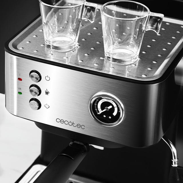 Power Espresso 20 Professionale. Cafetera Express de 850 W, 20 Bares, Manómetro, Depósito de 1,5L, Brazo Doble Salida, Vaporizador, Superficie Calientatazas, Acabados en Acero Inoxidable