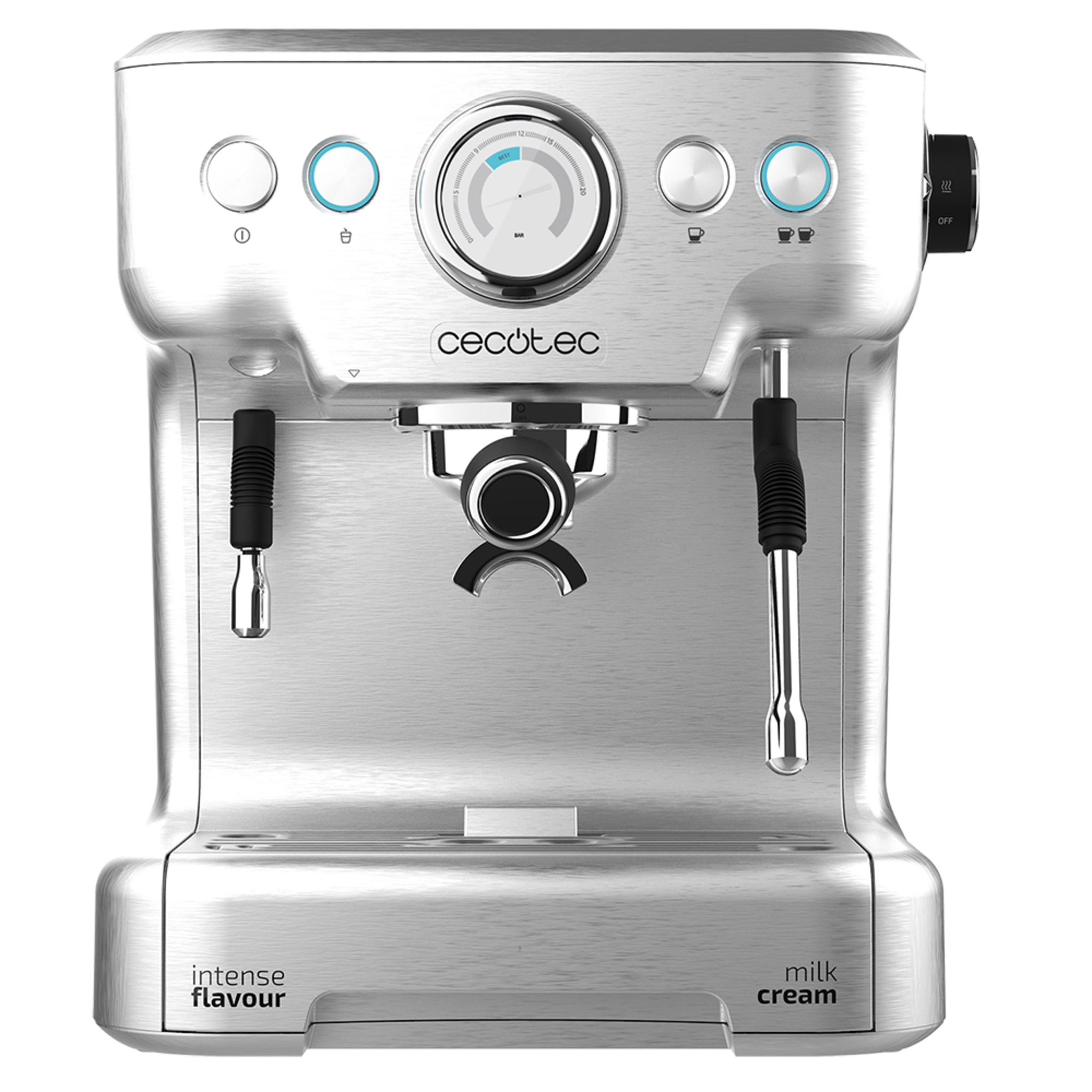 Machine à café Power Espresso 20 Barista Pro. Thermoblock pour préparer du café et mousser le lait , 20 bars, manomètre PressurePro, mode automatique pour 1 et 2 cafés, buse vapeur orientable et 2900 W