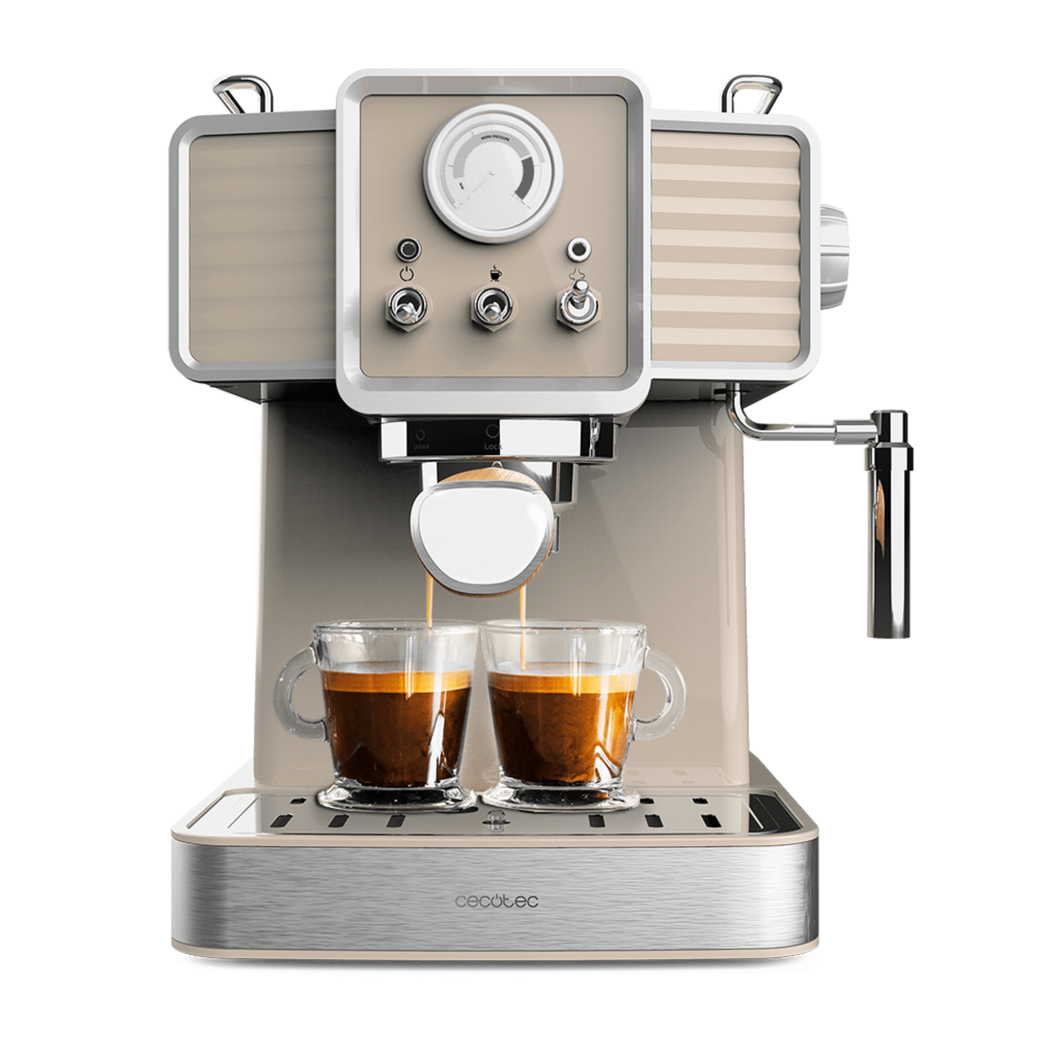 Cafetera Express Power Espresso 20 Tradizionale Light Beige para espressos y cappuccinos, rápido Sistema de Calentamiento por thermoblock, 20 Bares, manómetro PressurePro y vaporizador orientable