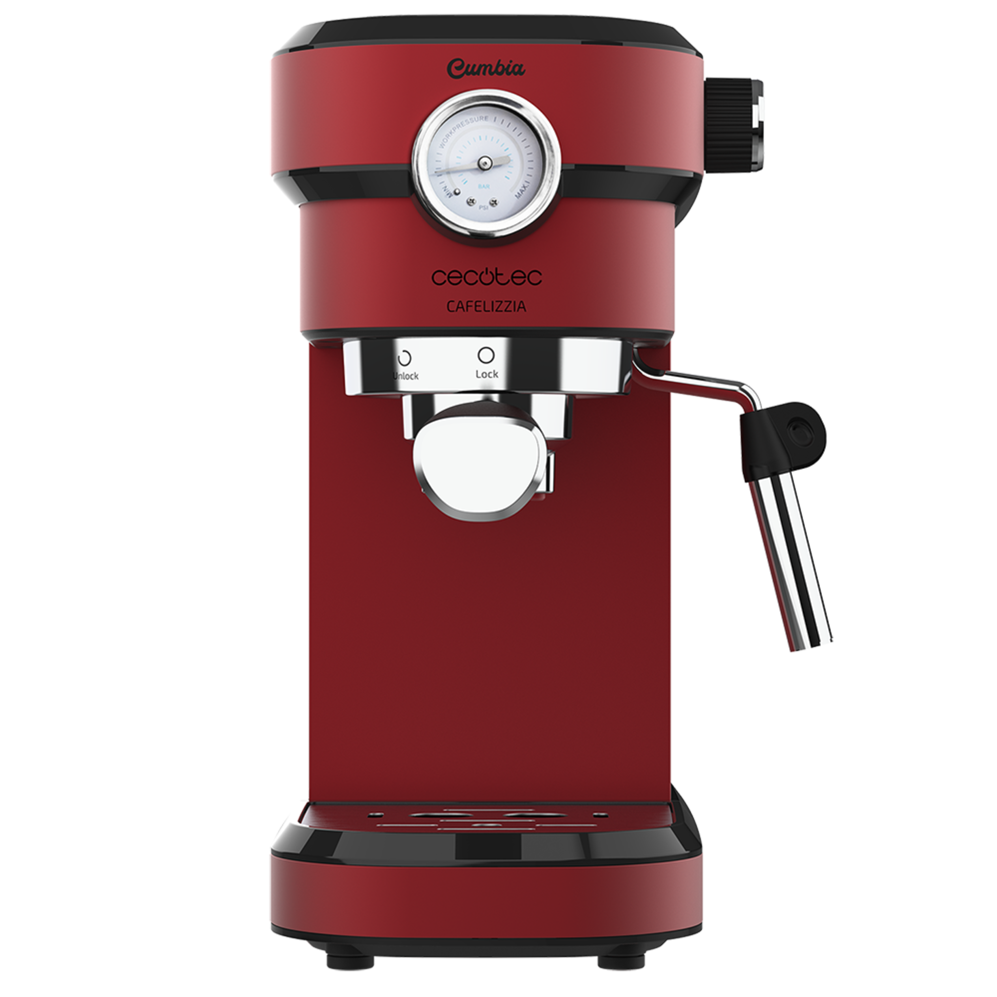 Cafetera Express con Manómetro Cafelizzia 790 Shiny Pro. Brazo con Doble Salida y Dos filtros, 20bares de Presión, Depósito extraíble de 1,2L, 1350W, Rojo
