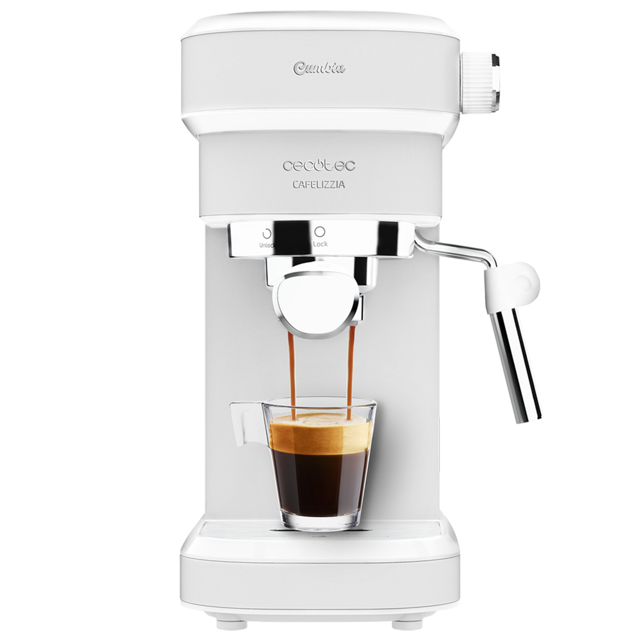 Cecotec Machine à café  Cafelizzia 790 White. Elle possède un système rapide de préchauffage, 20 bars, Mode Auto pour 1 ou 2 café(s), buse vapeur orientable et réservoir de 1,2 L. Titre