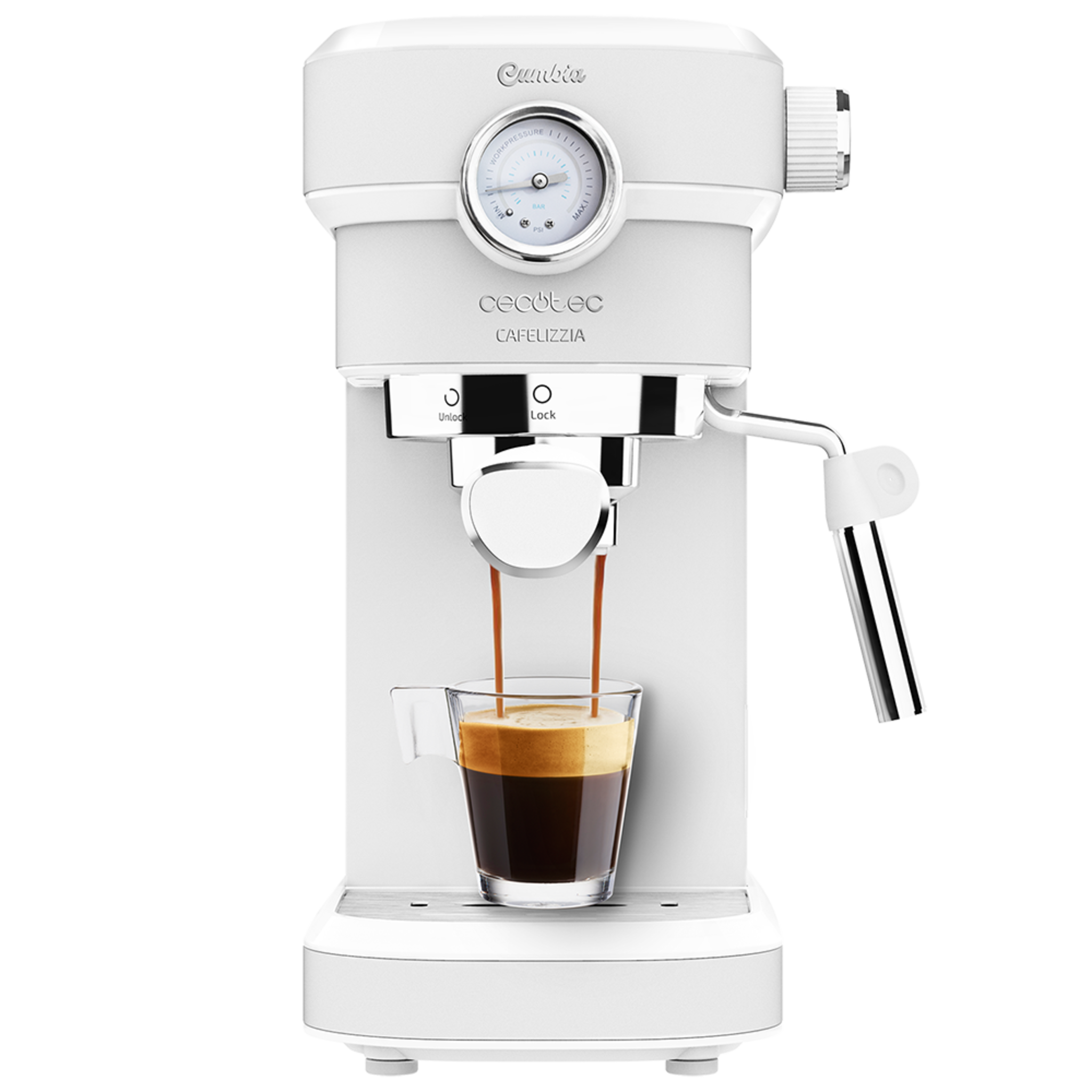 Machine à café Cafelizzia 790 White Pro. Elle possède un système Thermoblock, 20 bars, Mode Auto pour 1 ou 2 café(s), buse vapeur orientable et conduit d’eau pour infusions.